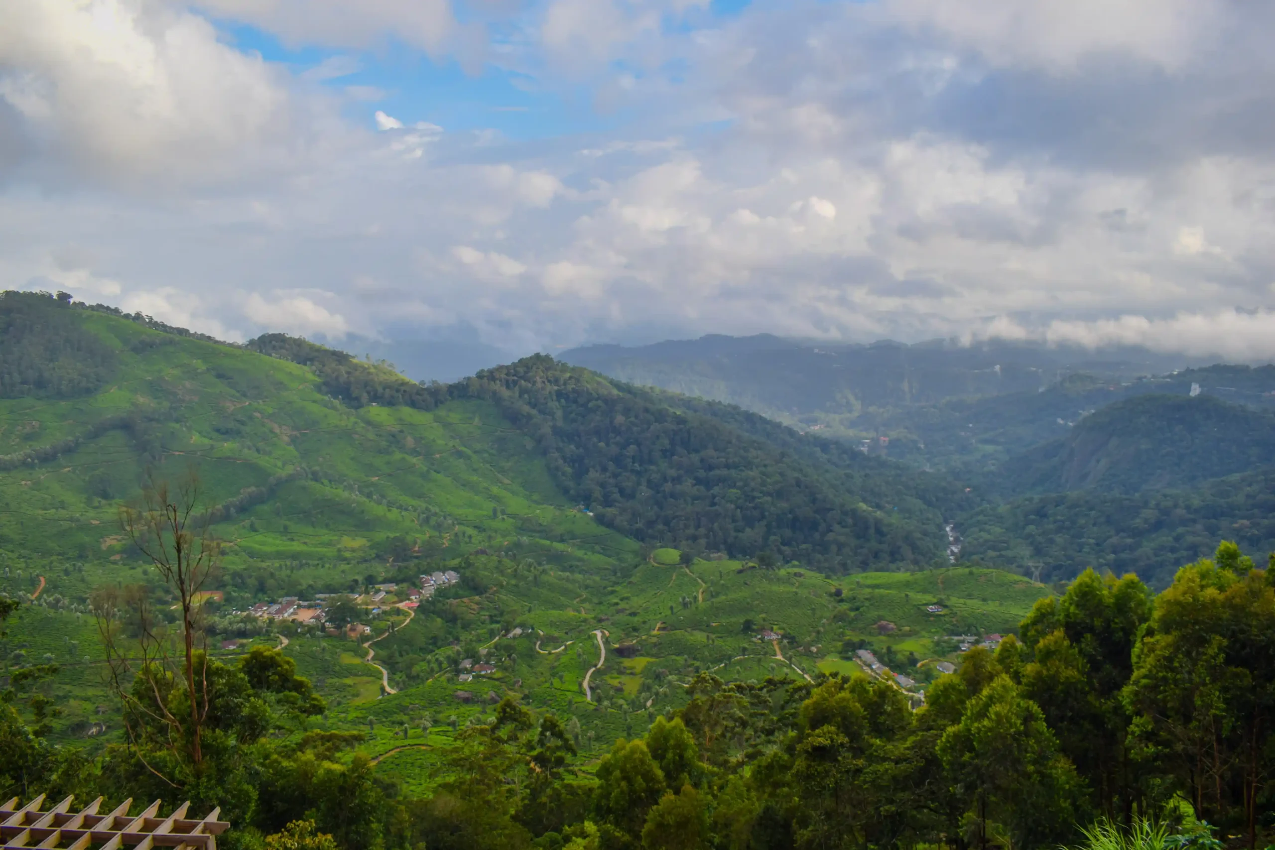 A panoramic view of green tea-covered hills and misty valleys in Munnar during the monsoon season.