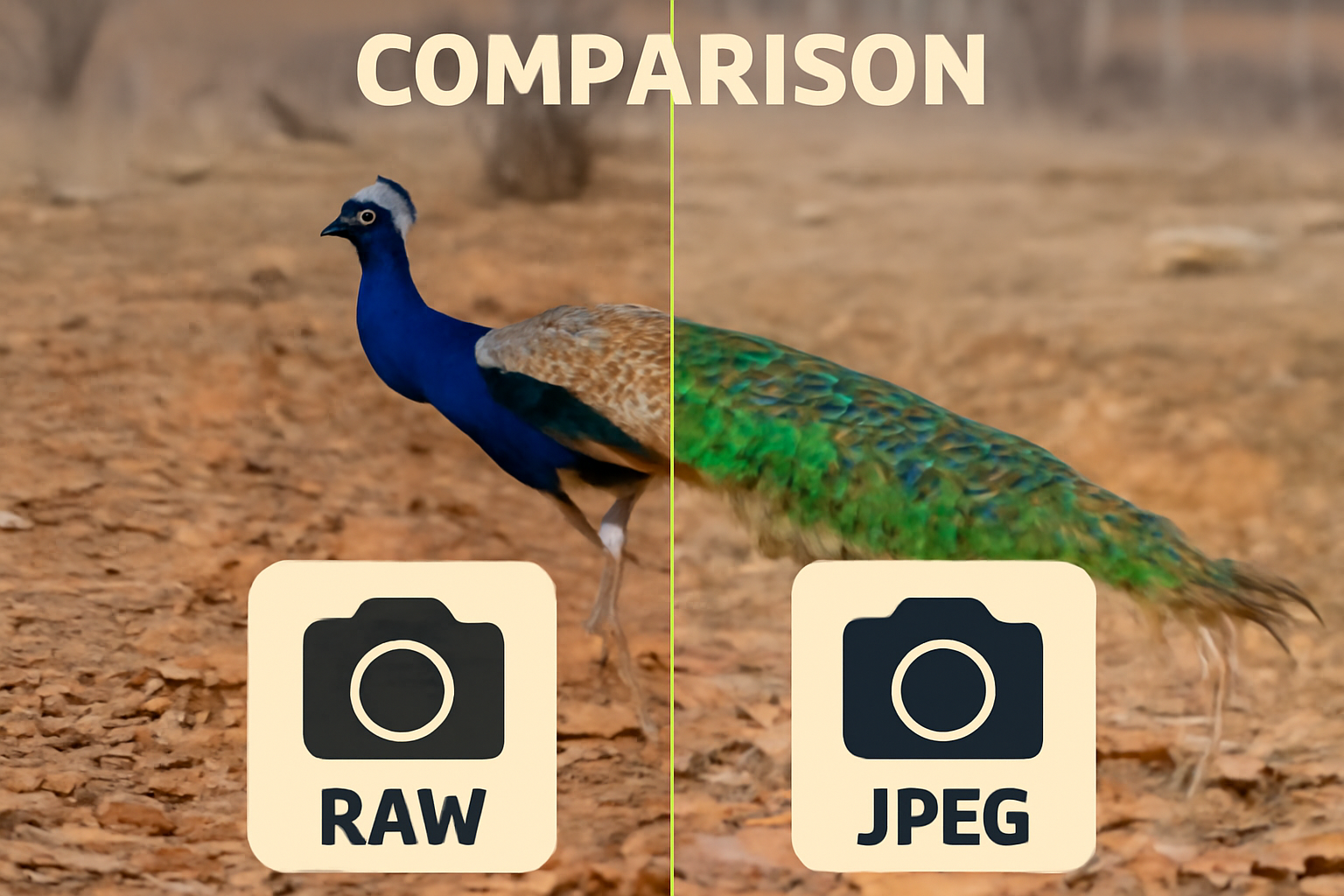 A split-screen comparison image of a peacock in a natural setting, with the "RAW" side showing greater detail and color depth, and the "JPEG" side appearing slightly less detailed and vibrant.