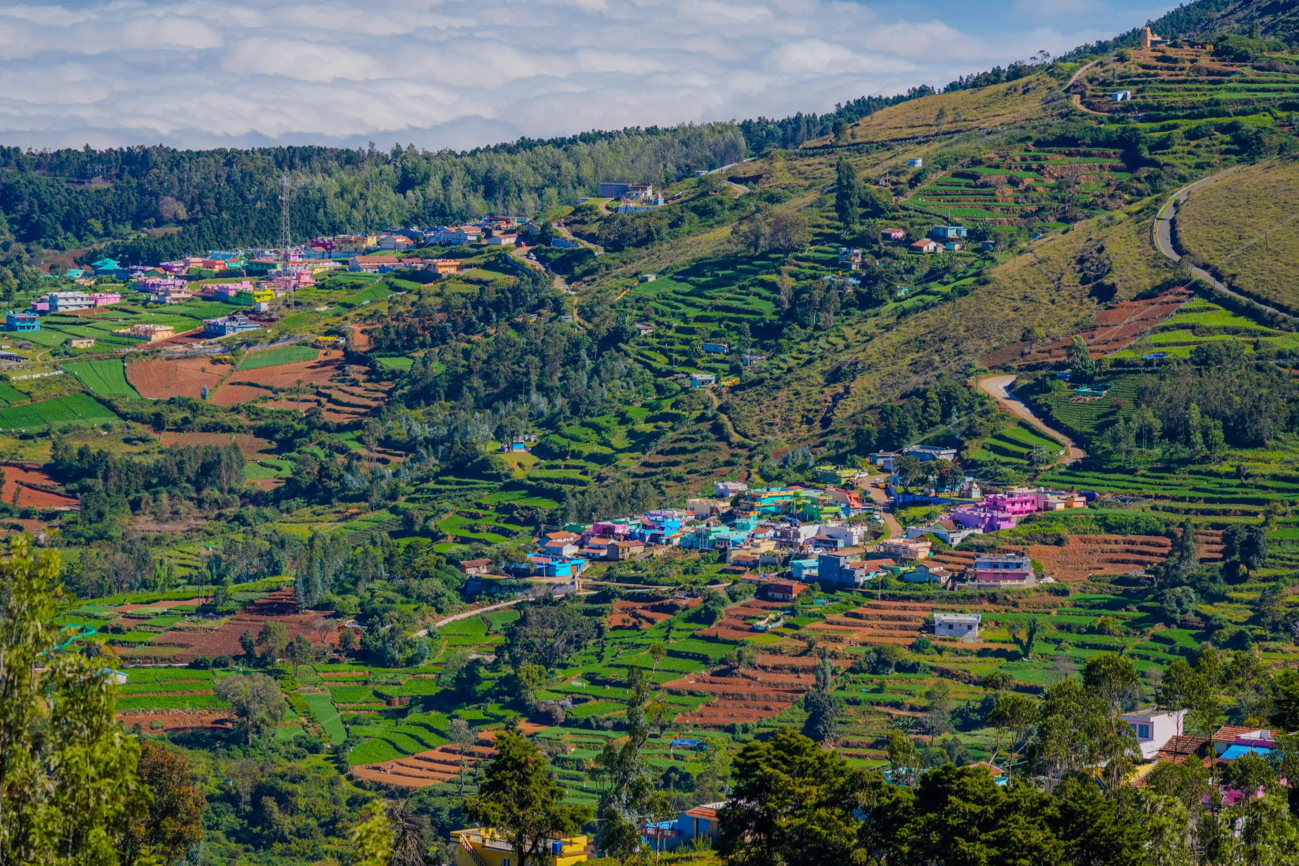 Wide panorama of village houses, terraced fields, and green hills in Ooty.