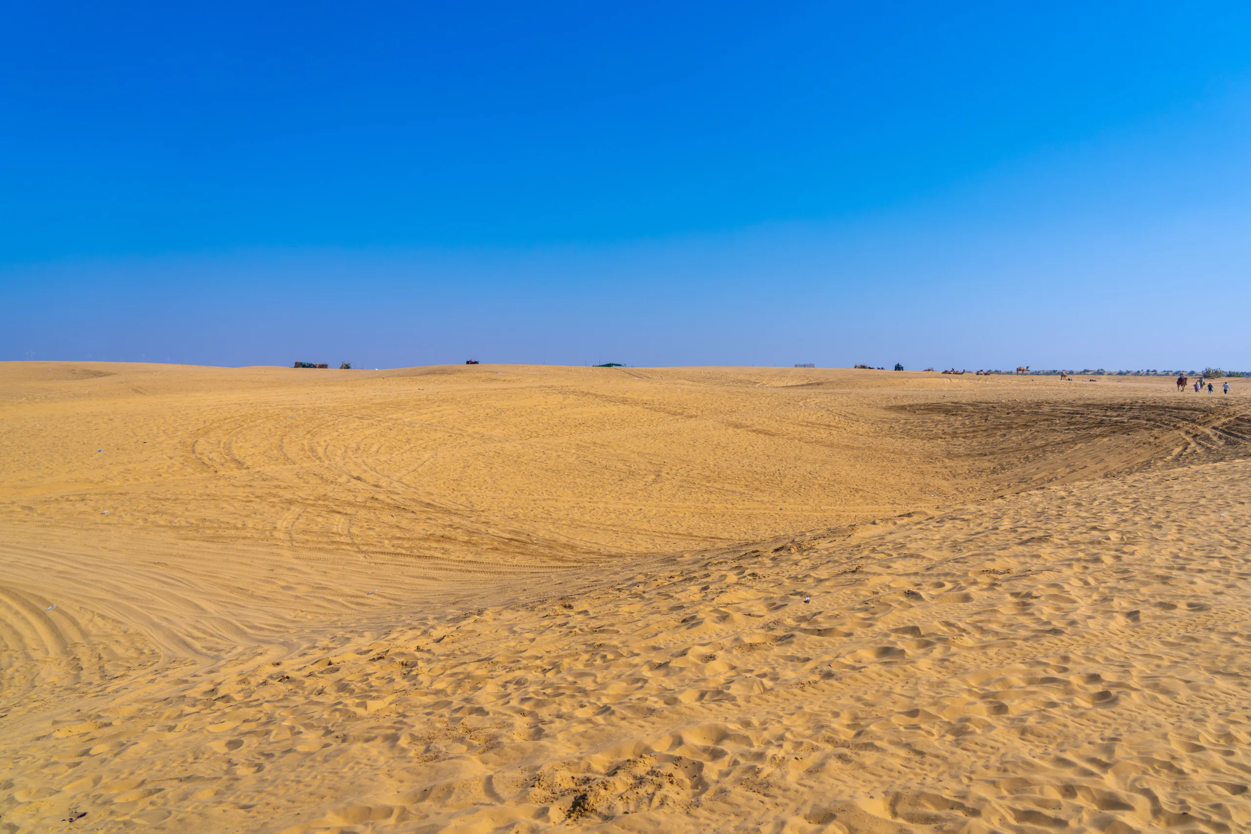 Wide sweeping sand dunes under a clear blue sky in the Thar Desert near Jaisalmer