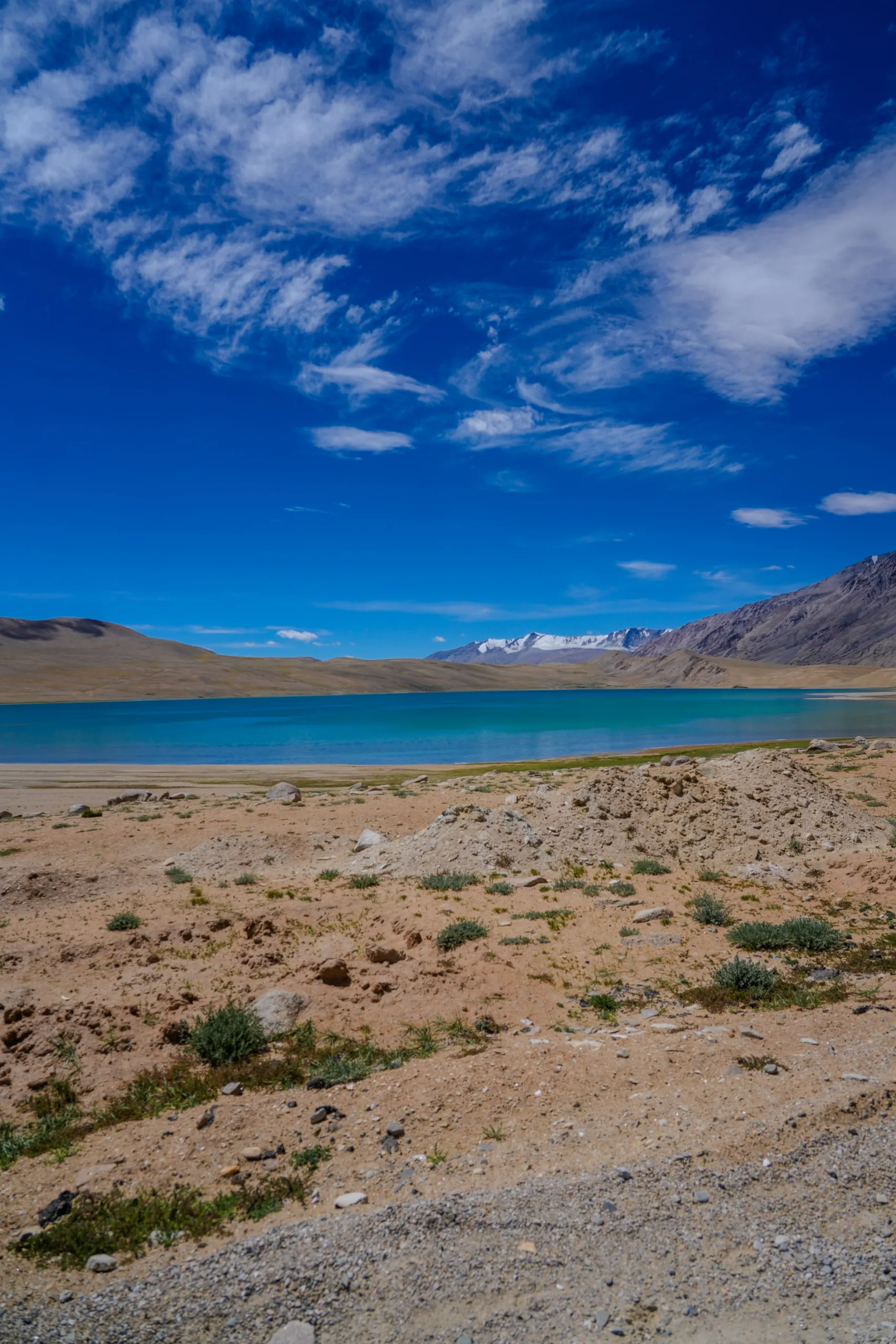 Vertical view of Tso Moriri Lake with barren shore, turquoise water, and mountains in Ladakh