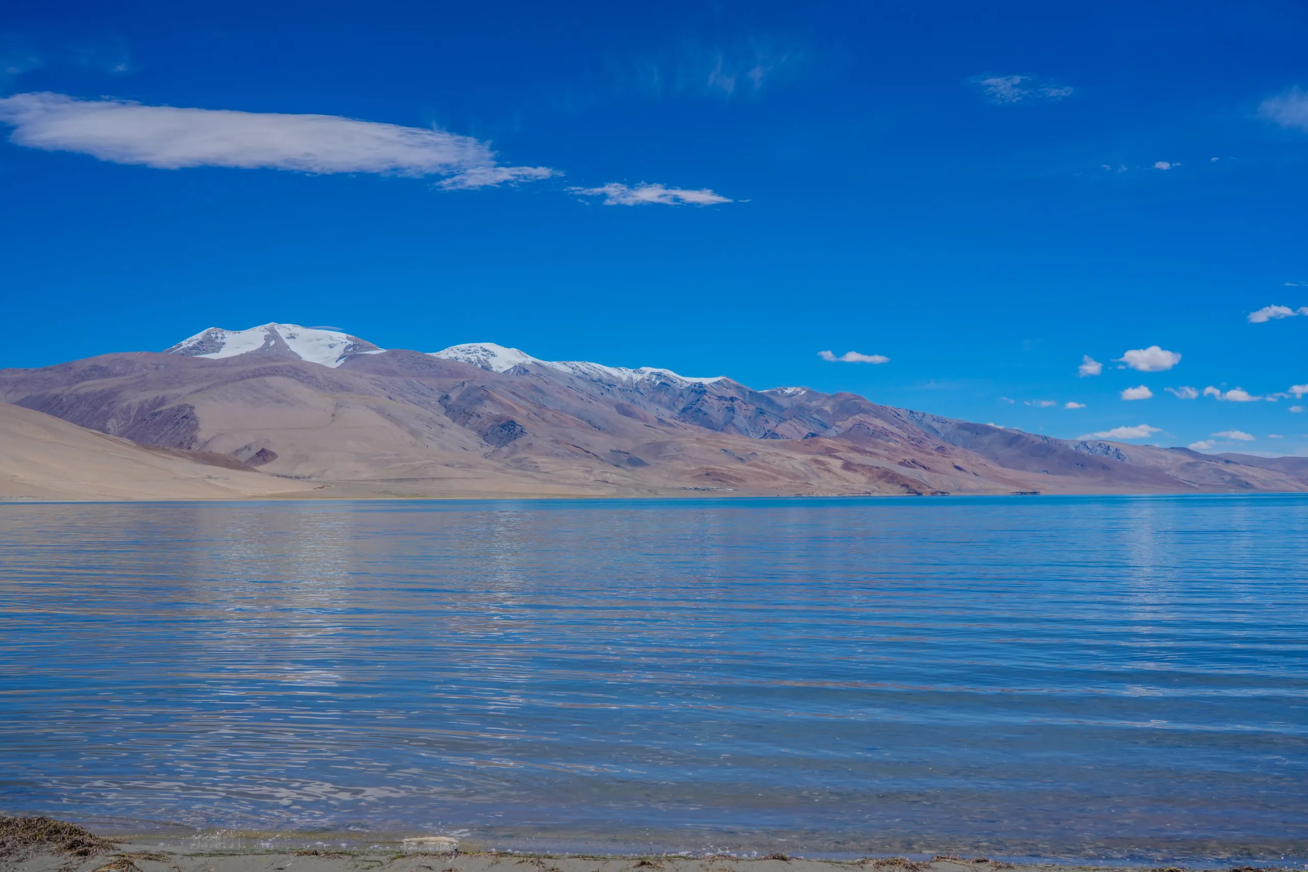 Panoramic view of Tso Moriri Lake with snowy mountains and a deep blue sky in Ladakh